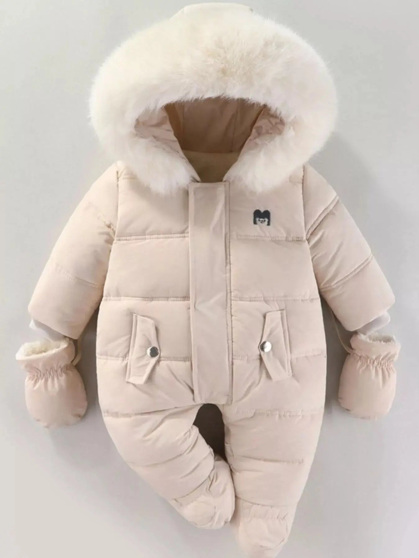 Children's Warm Padded One-Piece Snowsuit with Fur Hood