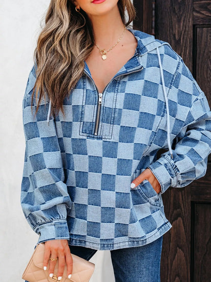 Checkered Half Zip Denim Hoodie Top