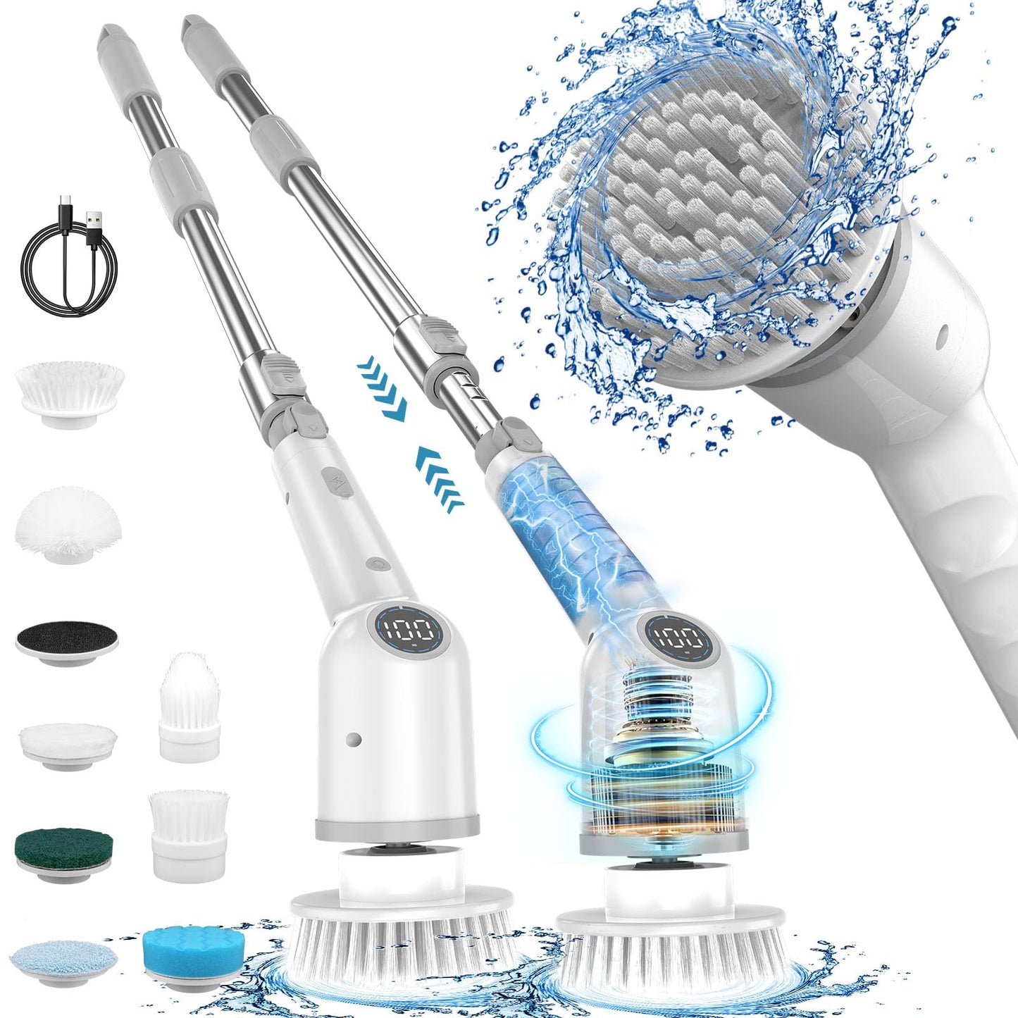 Electric Spin Scrubber - IMAXTOP Cordless Cleaning Brush with 8 Replaceable Heads Shower Cleaner with Long Handle Bathroom Grout Tub Floor Kitchen Cleaner
