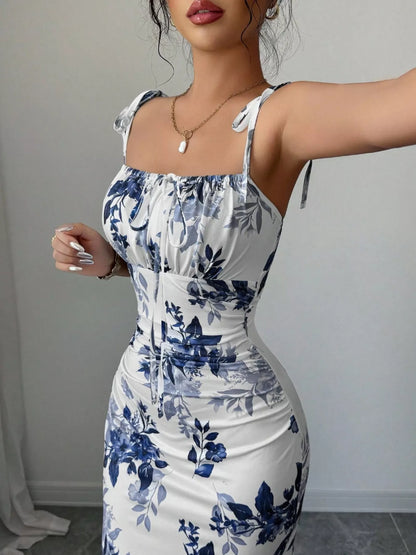 Printed Tie Strap Slit Maxi Dress
