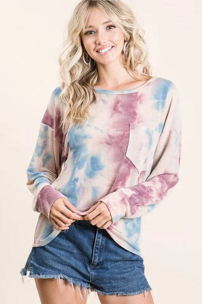 BiBi Tie Dye Print Terry Top With Front Patch Pocket