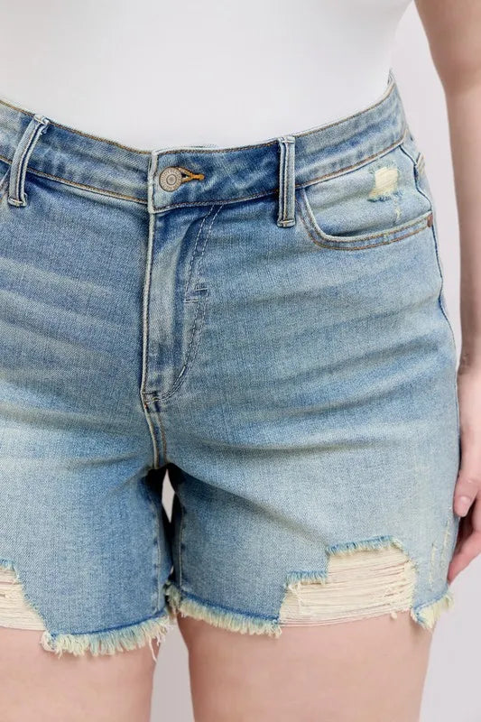 Judy Blue Plus Size High Rise Washed Fly Stitch Detail and Destroy Denim Shorts