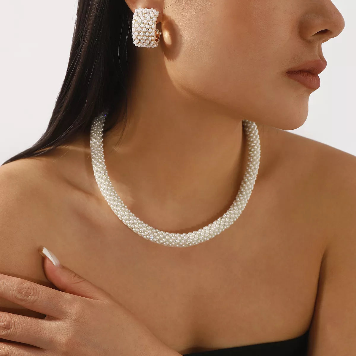 Pearl Embellished Earrings and Necklace Jewelry Set