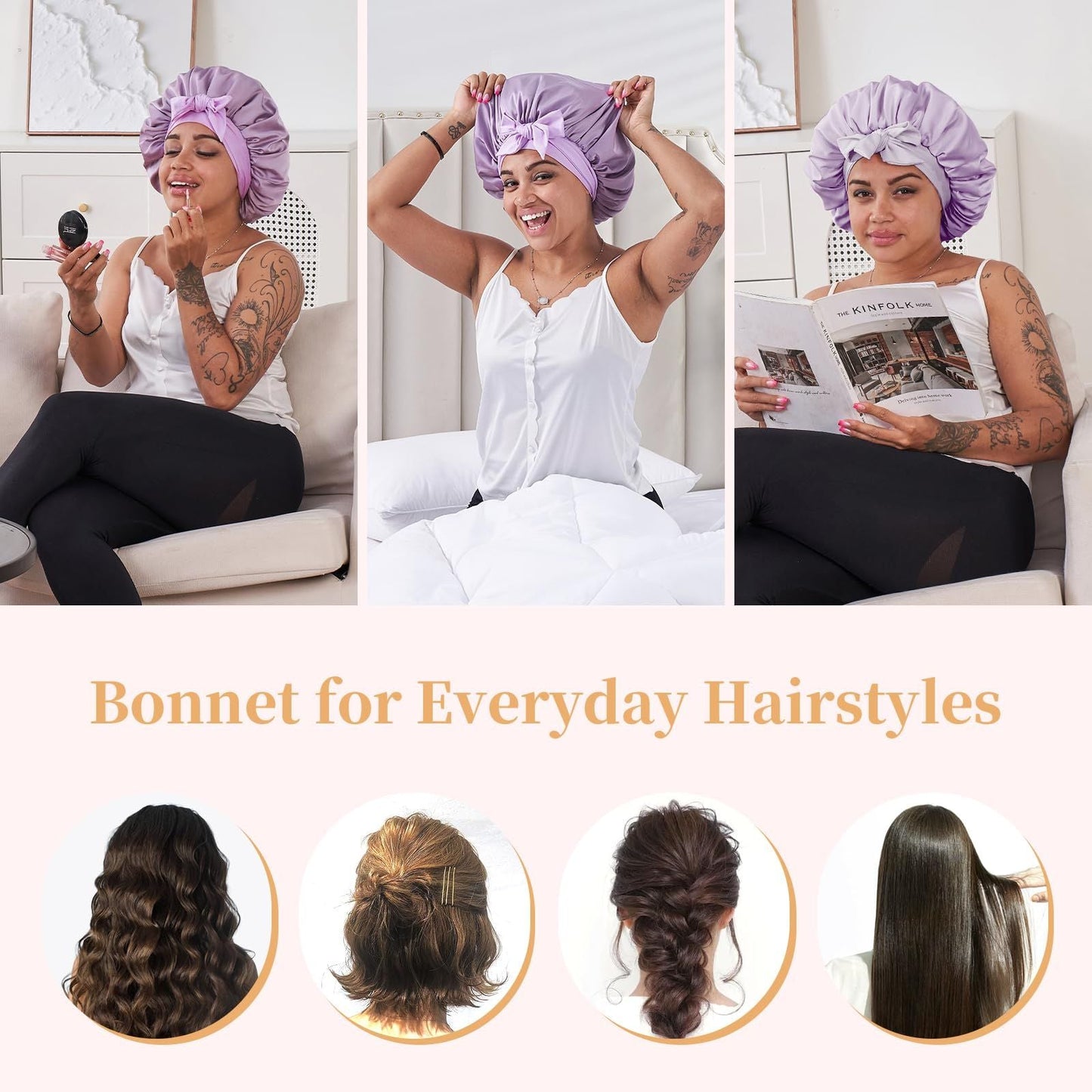 Silk Bonnet for Sleeping Women, Satin Hair Bonnet for Sleeping for Wavy Curly Natural Hair Women Men - Rose Red