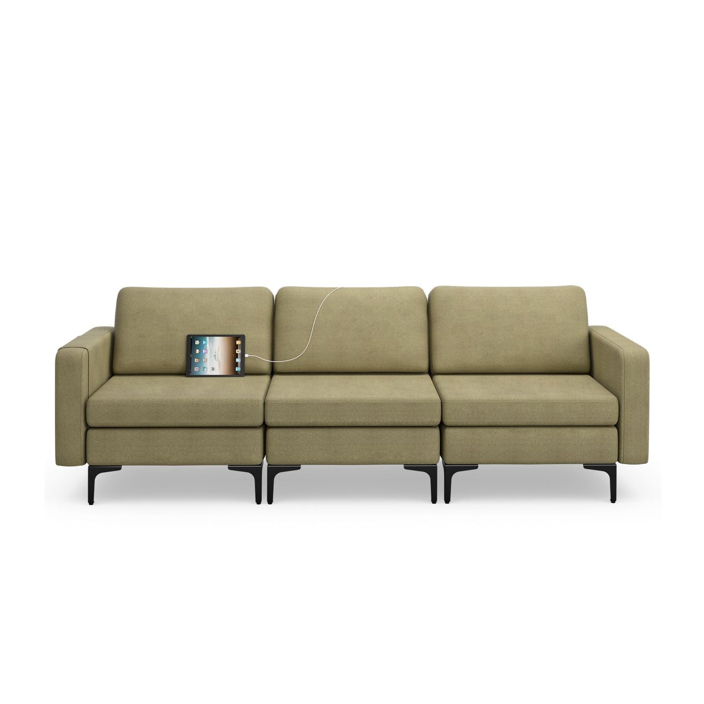 Convertible Sofa Couch with Magazine Pockets 3-Seat with 2 USB Port
