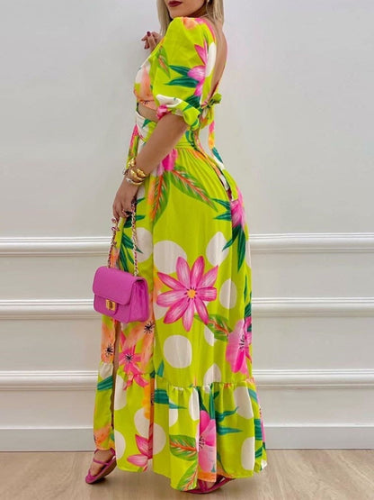 Women's Dresses V Neck Cutout Vintage Floral Print Long Dresses