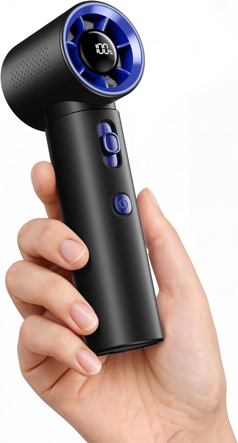 Portable Handheld Turbo Fan, 100 Gear High Speed, Up to 12H Rechargeable Personal Fan with Digital Display, Detachable Base & Lanyard, Small Travel Essentials Cooling Gifts for Women Men