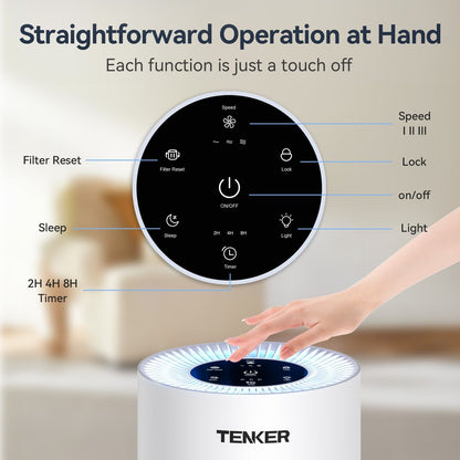TENKER AP-6980 Air Purifier White US 1300ft² Large Rooms H13 Heap 3-Stage Filtration 3 Speeds 3 Timer w/Light Air Cleaner Machine