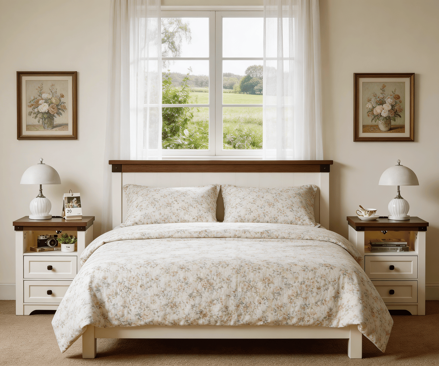 Farmhouse Side Table with Charging Station, Antique Nightstands with Drawers, Bedside Table with Open Shelf for Bedroom