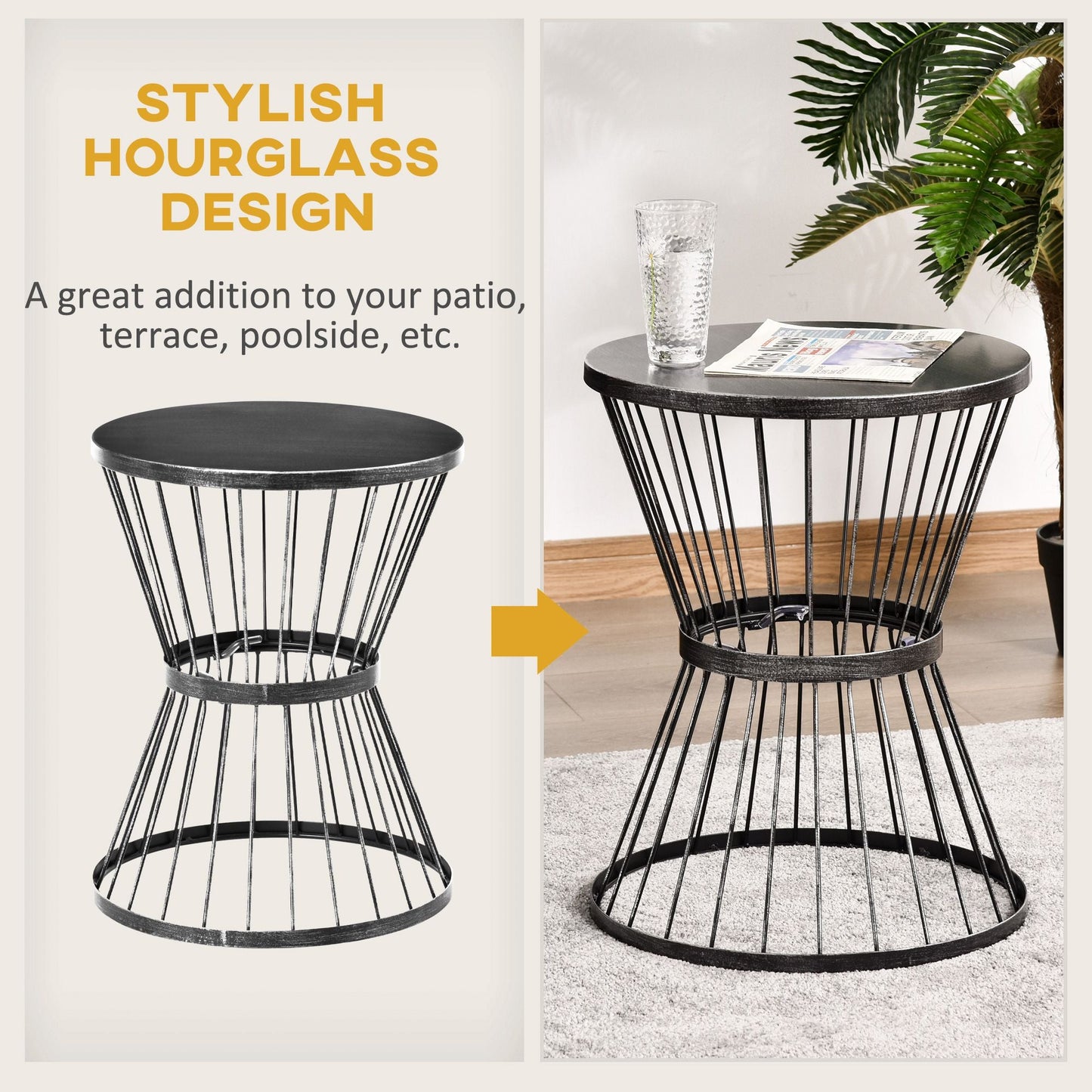Patio End Table 16" Steel Side Table with Hourglass Design Black Accent Table for Outdoor and Indoor Use