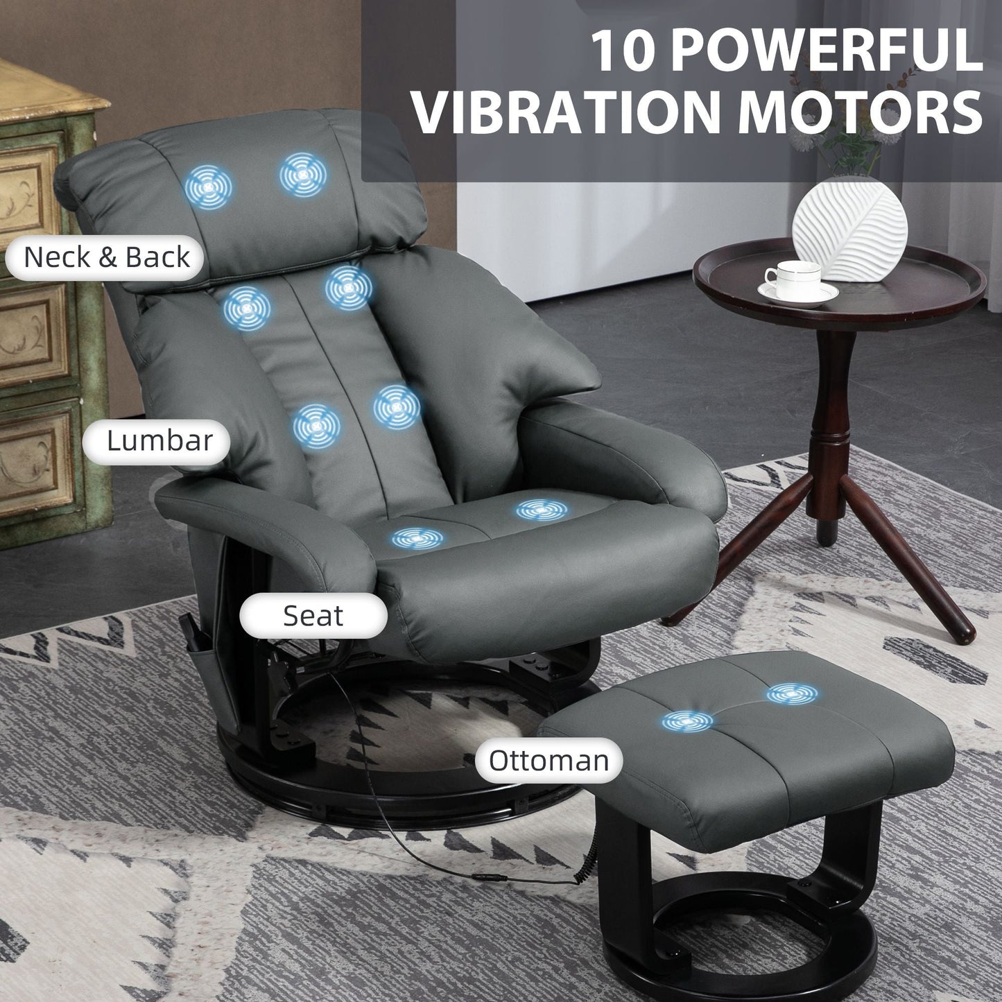 Faux Leather Swivel Massage Recliner with Ottoman, Remote, Side Pocket for Relaxation | Living Room Essentials