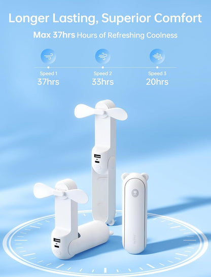 Handheld Fan with 4500 mAh Powerbank Max 37 Hours Runtime, Pocket Portable Battery Operated or USB Powered Folding Personal Fan, 3 Speeds, Gifts for Women Men Kids Gift for Festival