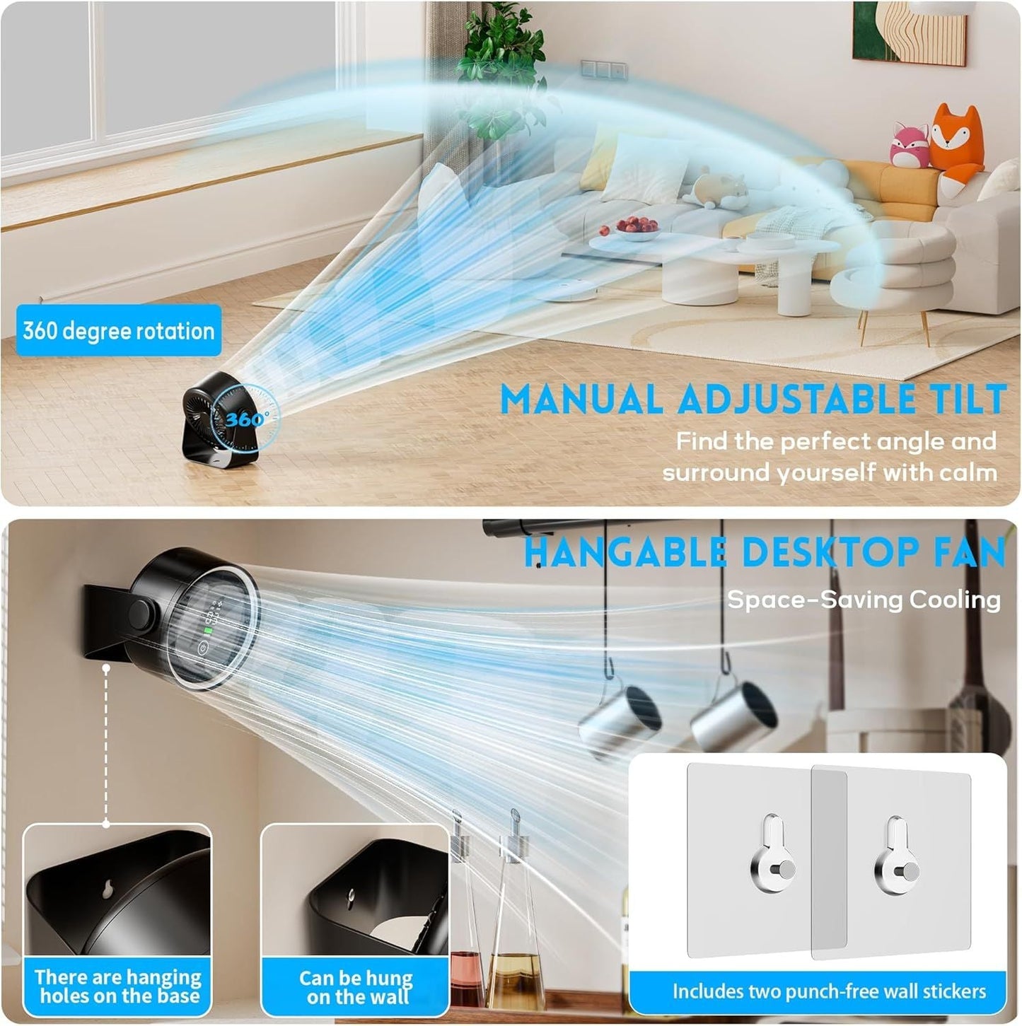 Small Desk Fan 5000mAh Rechargeable Battery Powered -Retro Low Noise Quiet Portable Gentle Blowing with LED Night Light Office Bedroom Table Top Wall Hanging Kitchen Camping Dorm 5-Speed 360° Rotation