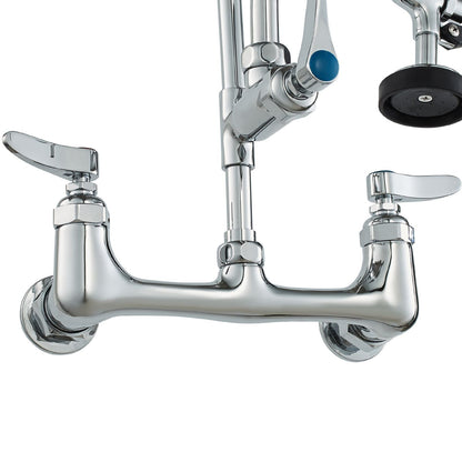 Wall-Mounted Kitchen Faucet, 47" Tall, 8" Apart, with 12" Rotating Spout and Pre-Rinse Spray, Brass Build, Pull-Down Feature for Multi-Compartment Sinks