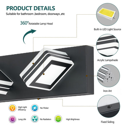Matte Black Vanity Light Fixtures 3 Lights Up and Down LED Modern Bathroom Vanity Lights Over Mirror Acrylic Black Bath Wall Lighting