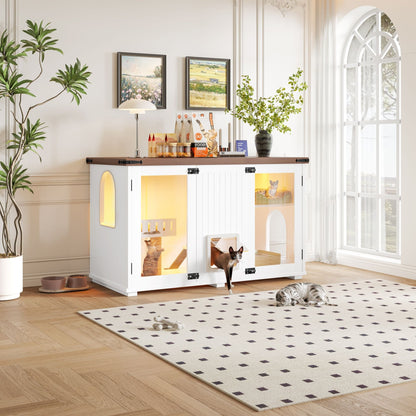 47.25" Large Cat Litter Box Enclosure with LED Light, Hidden Litter Box Furniture, Cat House with Stairs and Cat Scratching Post, Cat Cabinet Side Table with Smart Doors for Living Room