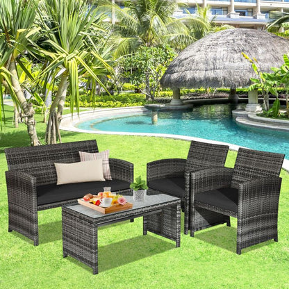 4 Pieces Patio Rattan Furniture Set with Glass Table and Loveseat