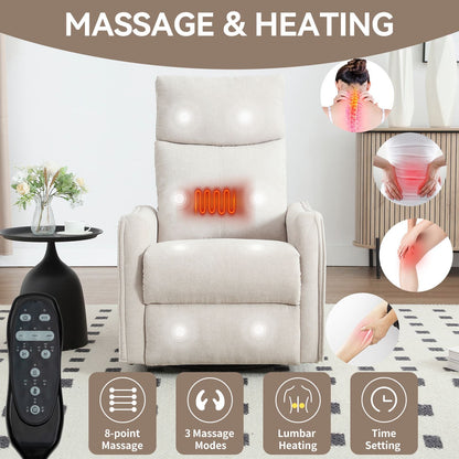 Heat Massage Manual Recliner Chair with Rocker and Swivel in Fabric for Living Room, Beige