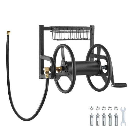 Wall Mounted Garden Hose Reel, Holds 125 ft 5/8-inch Hose, Heavy-Duty Water Hose Winder, Space-Saving Design, Outdoor Manual Reel with Brass Fitting and Storage Basket for Yard Lawn
