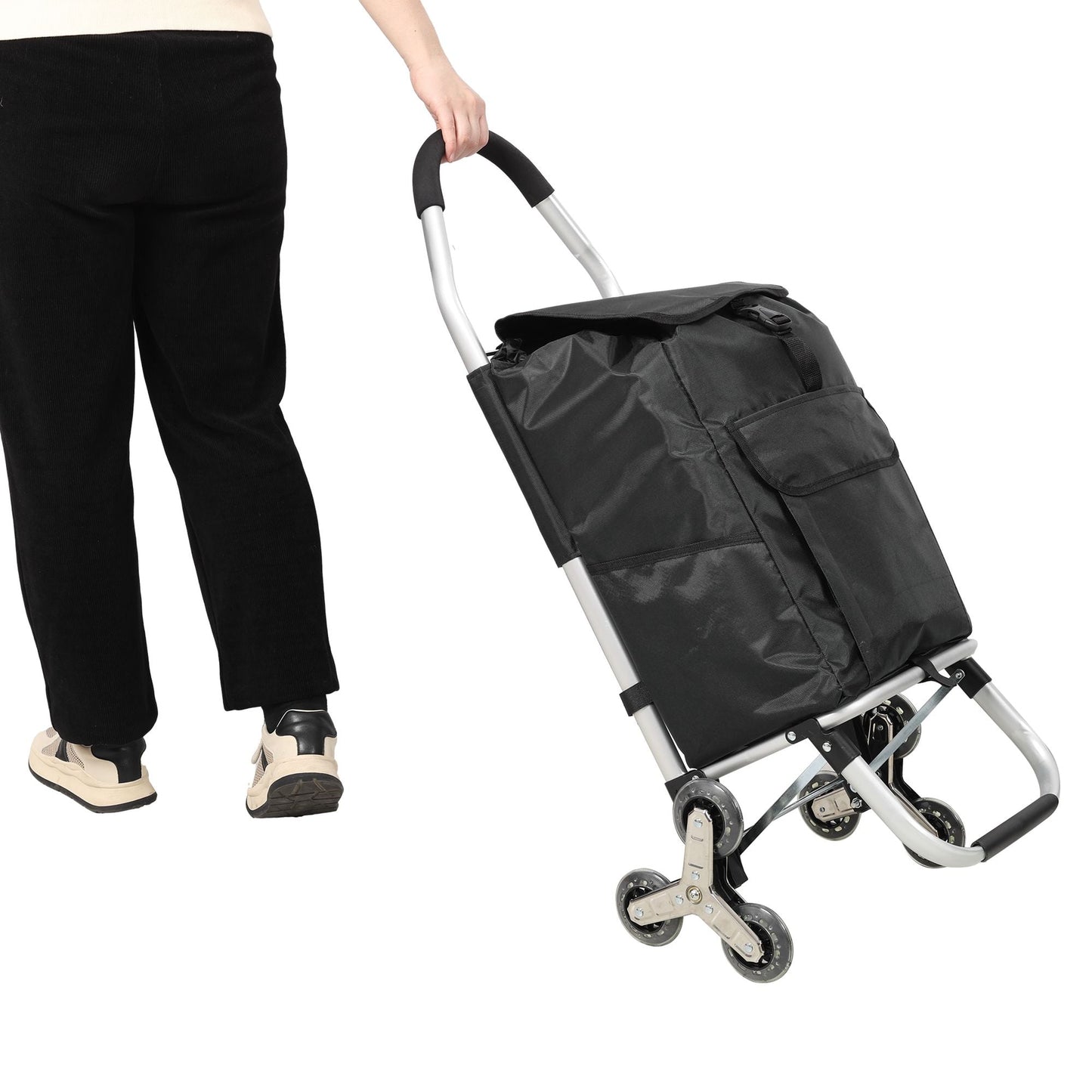 2 in 1 Shopping Stair Trolley with Wheels,Trolley Black Foldable Shopping Cart,Removable Shopping Oxford Waterproof Bag,Stainless Steel Triangular Wheels, Black