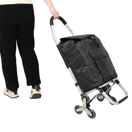 2 in 1 Shopping Stair Trolley with Wheels,Trolley Black Foldable Shopping Cart,Removable Shopping Oxford Waterproof Bag,Stainless Steel Triangular Wheels, Black