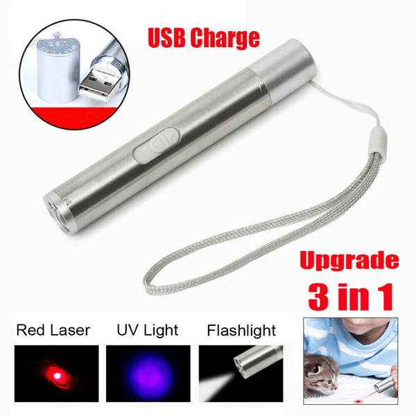 3 in1 1mw USB Rechargeable Pet Toy Pen Flashlight Red laser Beam UV Light 3-Modes Lamp