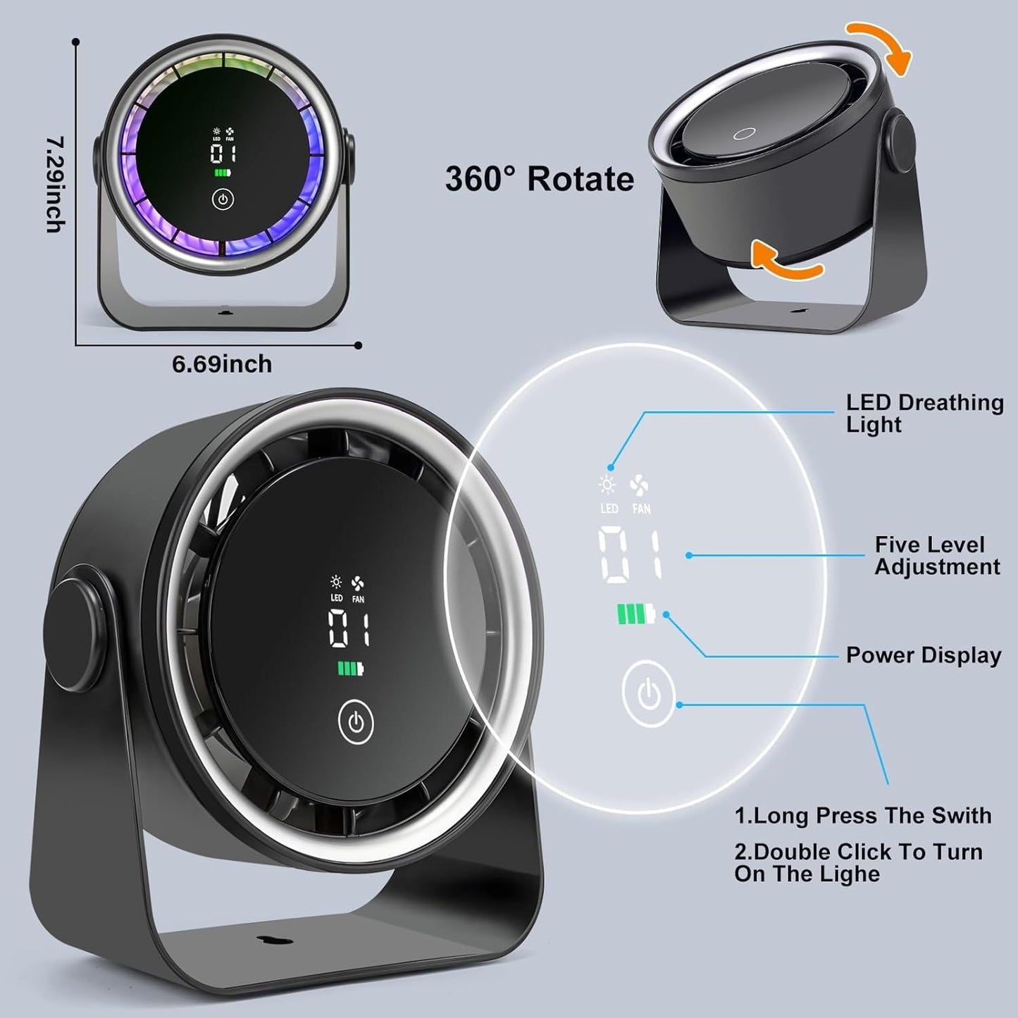 Small Desk Fan 5000mAh Rechargeable Battery Powered -Retro Low Noise Quiet Portable Gentle Blowing with LED Night Light Office Bedroom Table Top Wall Hanging Kitchen Camping Dorm 5-Speed 360° Rotation