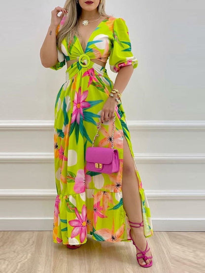 Women's Dresses V Neck Cutout Vintage Floral Print Long Dresses