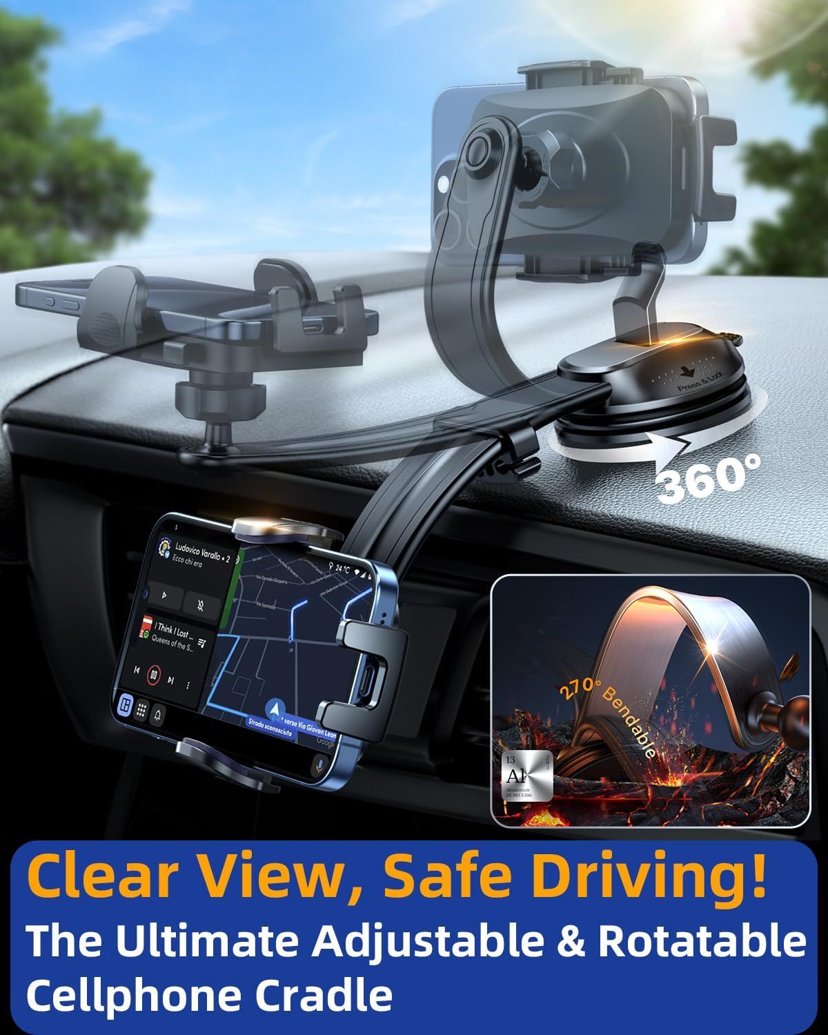 2026 Ultimate Car Phone Holder Mount Bendable & Adjustable Aluminum Arm Cell Phone Holder for Car Dashboard Windshield Phone Stand for iPhone 17 16 15 14 Pro Max Samsung Pickup Truck