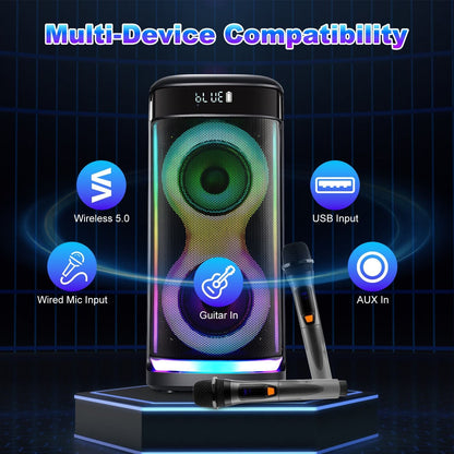Portable Wireless Party Speaker with LED Light Wireless Mic Remote Control TWS Treble Bass Mic. Echo Music Accompany Mic. Priority Guitar In