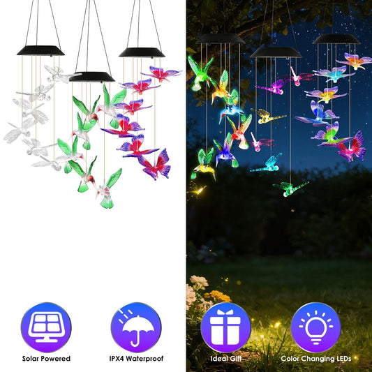 3Pack Solar Hummingbird Butterfly Dragonfly Wind Chimes 7 Color Changing Wind Chime for Outside IPX4 Waterproof Outdoor Garden Yard Decor