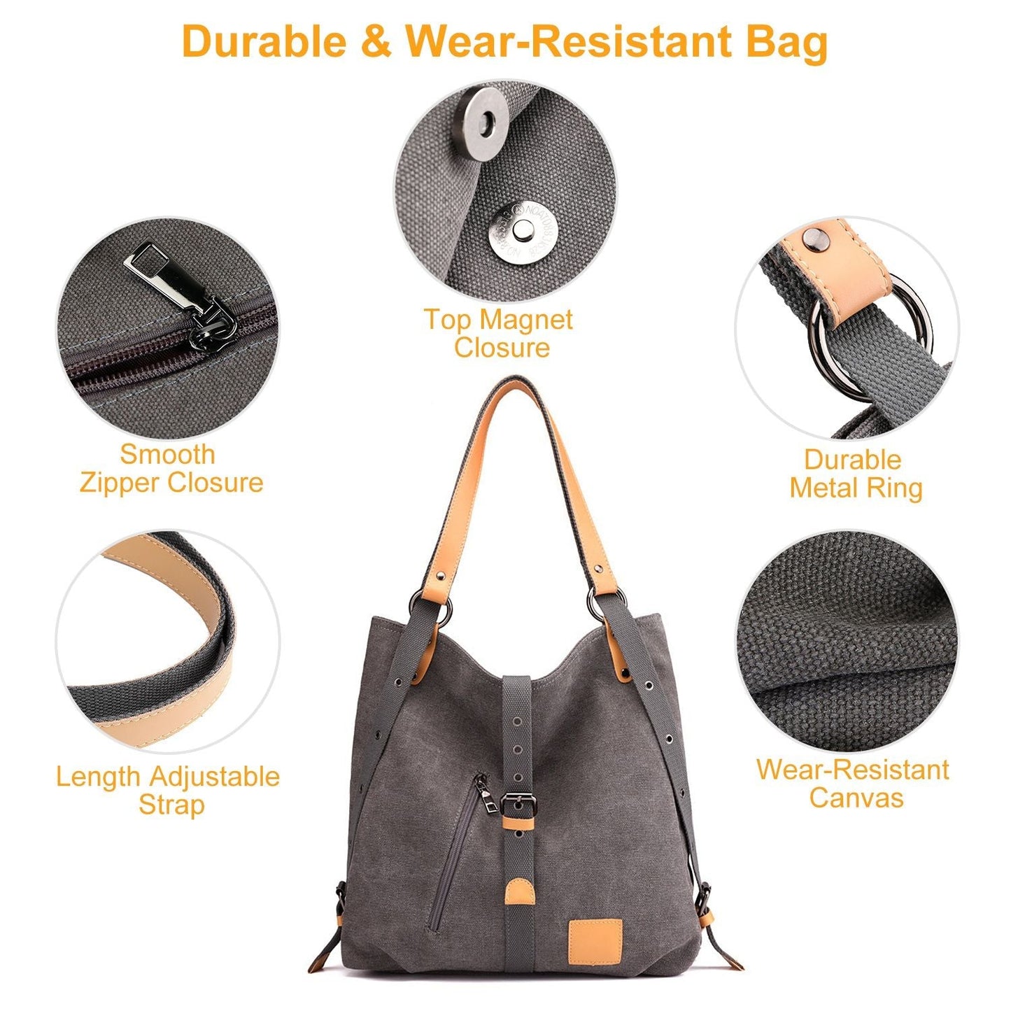 Ladies Canvas Tote Bag Multifunctional Purse Handbag Adjustable Shoulder Rucksack Convertible Backpack Wear-Resistant Dirt-Proof For Women School Office Travel