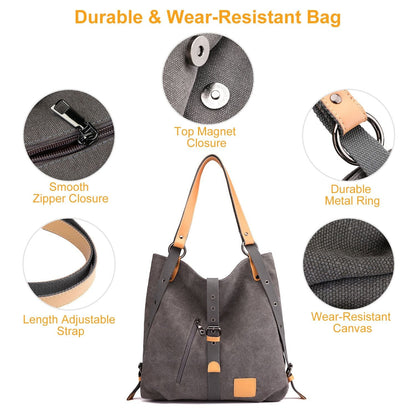 Ladies Canvas Tote Bag Multifunctional Purse Handbag Adjustable Shoulder Rucksack Convertible Backpack Wear-Resistant Dirt-Proof For Women School Office Travel