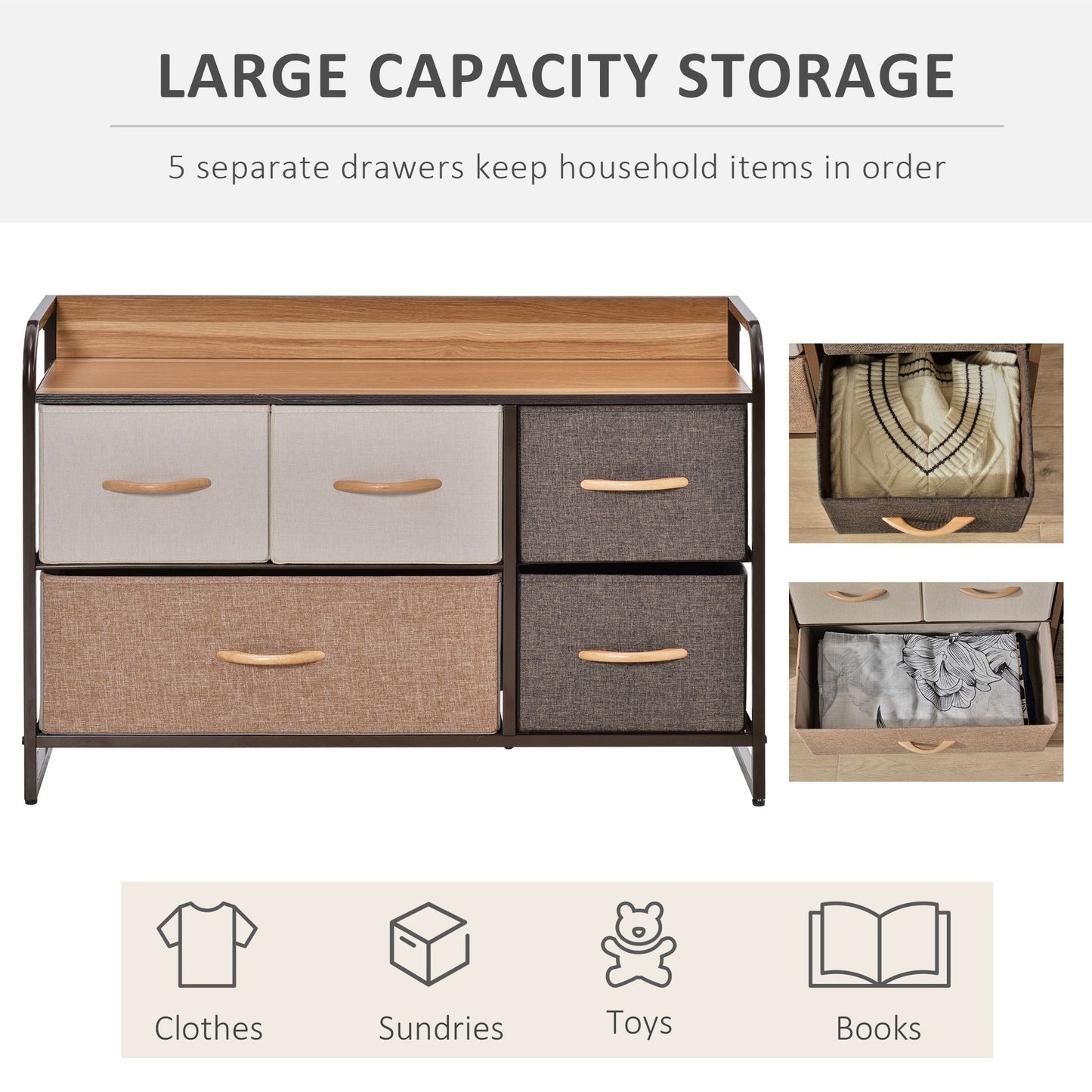 5-Bin Dresser Storage Tower Cabinet Organizer Unit, Chest Dresser Drawers with Metal Frame for Bedroom, Multicoloured