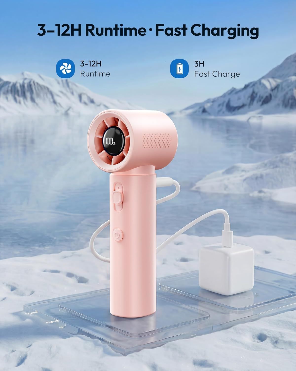 Portable Handheld Turbo Fan, 100 Gear High Speed, Up to 12H Rechargeable Personal Fan with Digital Display, Detachable Base & Lanyard, Small Travel Essentials Cooling Gifts for Women Men