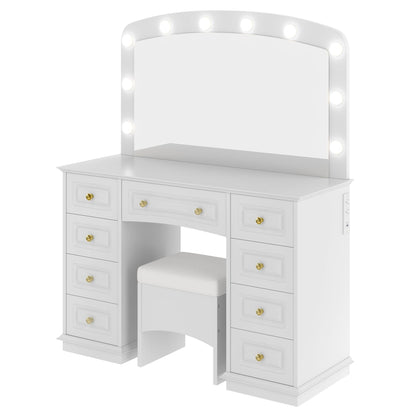 Luxurious Makeup Vanity with 10 Hollywood Bulbs, 3 Color Lighting Modes, Classic Dressing Table with Cushioned Stool and 9 Storage Drawers for Bedroom