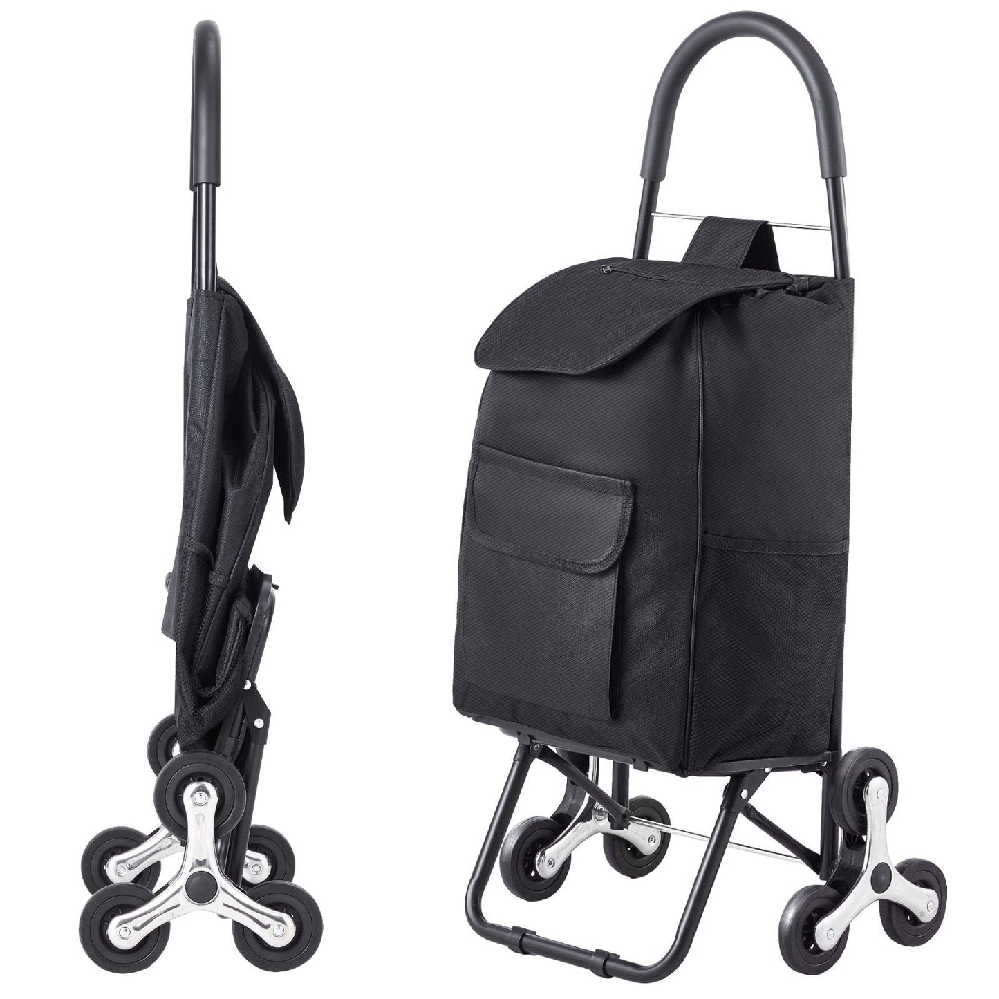 Stair Climber Trolley Dolly, 36L Folding Shopping Cart, Grocery Cart Trolley Laundry Stair Climbing Handcart with 6 Wheels & Oxford Cloth Bag, Foldable Cart for Shopping Grocery Laundry, Black