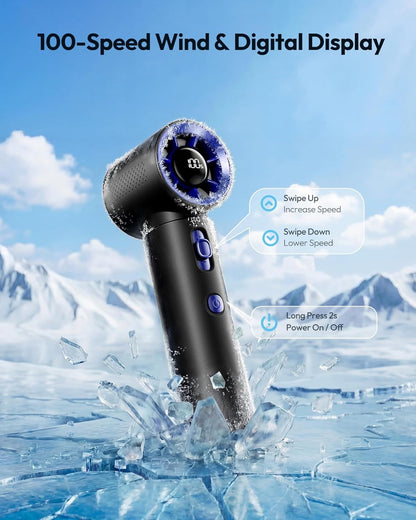 Portable Handheld Turbo Fan, 100 Gear High Speed, Up to 12H Rechargeable Personal Fan with Digital Display, Detachable Base & Lanyard, Small Travel Essentials Cooling Gifts for Women Men