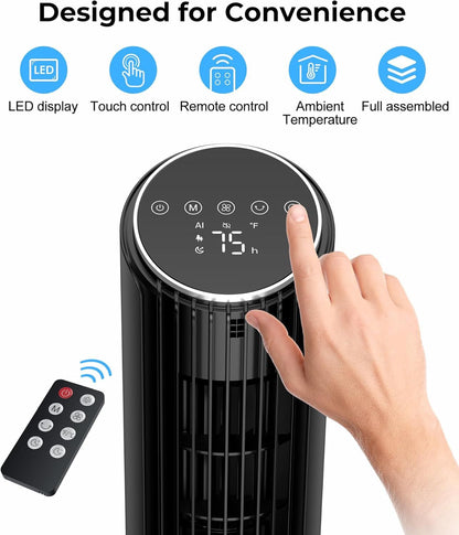 Tower Fan, 23ft/s Desk Fan with Remote, 70° Oscillating, Standing Table Fan with 4 Speeds, 4 Modes, 12Timer, 2026 New 13'' Bladeless Fan for Bedroom Office, Home