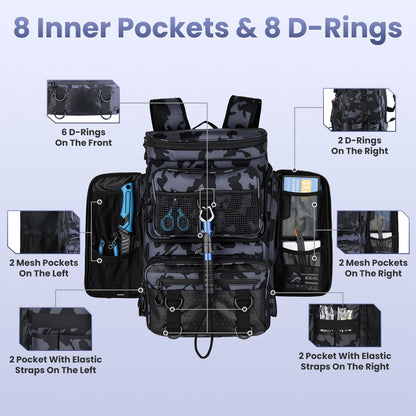42L/11Gal Fishing Backpack Large Capacity Fishing Tackle Storage Bag with Rod Holders 16-Pocket Water-Resistant with Divider Adjustable Padded Straps for Fishing Gear Outdoor Camping Hiking