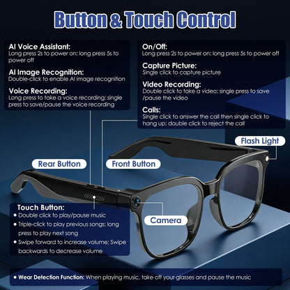 AI Smart Glasses with Camera and Audio 8MP HD1080P Real Time Translation 139 Languages Voice Assistant AI Photo Recognition Music Playback & Hands-Free Calling for Travel Meeting Vlog