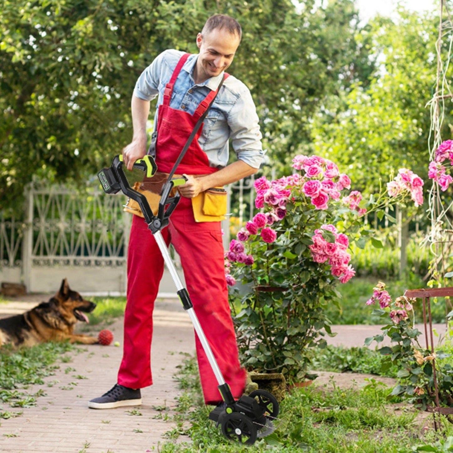 21V Electric Weed Edger Cordless String Trimmer Grass Mower Eater Bush Cutter with 16800RPM 2x 3000mAh Batteries 3.6-4.6FT Length 90° Rotatable Angle Saw Blade Steel Blade String Blade