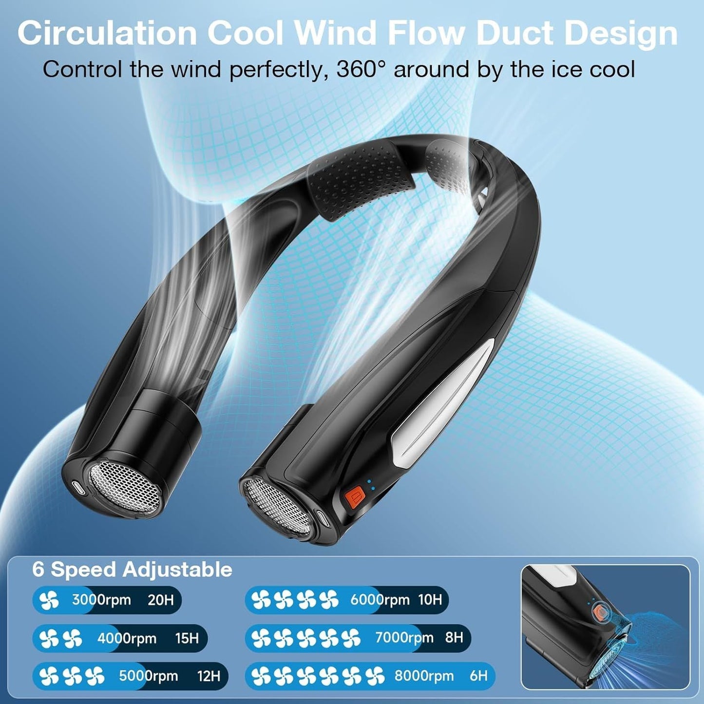 Neck Fan, 6 Speeds Adjustable Portable Personal Fan Rechargeable, Faster Cooling Wearable Fan, Ultra Quiet for Home, Office, Travel, Outdoor