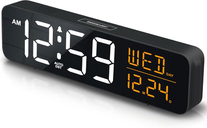 Large Display Digital Alarm Clock for Bedrooms, Date Day of Week Desk Table Clocks for Living Room Office, Dimmable 5 Dimmers Plug in Electric Clock, Auto DST