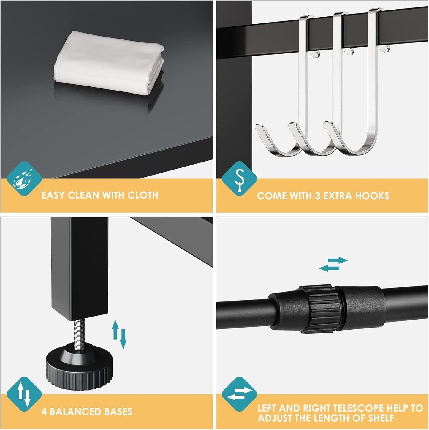 Expandable Microwave Stand Countertop Kitchen Utensils Tableware Storage, Carbon Steel Over Microwave Shelf Countertop with 3 Hooks