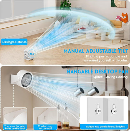 Small Desk Fan 5000mAh Rechargeable Battery Powered -Retro Low Noise Quiet Portable Gentle Blowing with LED Night Light Office Bedroom Table Top Wall Hanging Kitchen Camping Dorm 5-Speed 360° Rotation