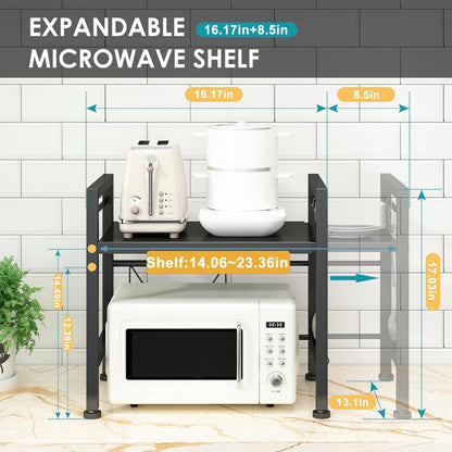 Expandable Microwave Stand Countertop Kitchen Utensils Tableware Storage, Carbon Steel Over Microwave Shelf Countertop with 3 Hooks