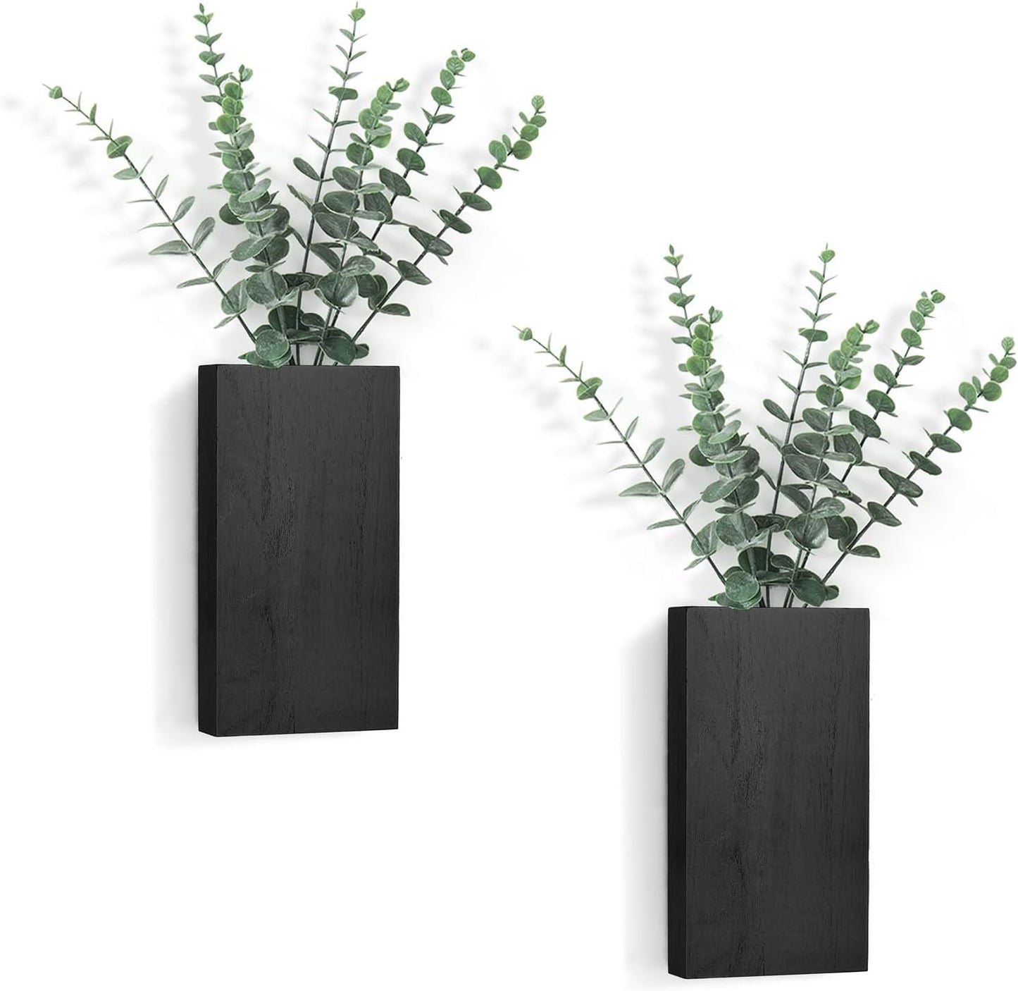 2 Pack Wood Wall Planter Vase with Artificial Eucalyptus Farmhouse Wall Hanging Decor Pocket Planter for Indoor Fake Plants Greenery, Living Room Bedroom Kitchen Home Office Decoration, Black