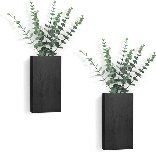 2 Pack Wood Wall Planter Vase with Artificial Eucalyptus Farmhouse Wall Hanging Decor Pocket Planter for Indoor Fake Plants Greenery, Living Room Bedroom Kitchen Home Office Decoration, Black