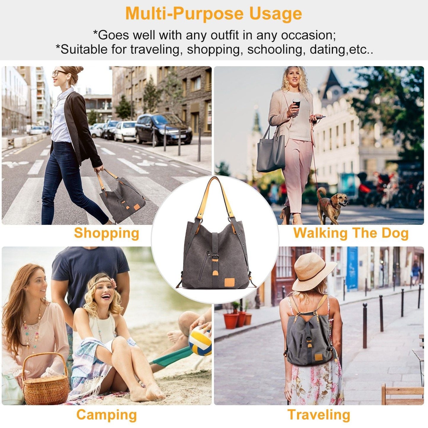 Ladies Canvas Tote Bag Multifunctional Purse Handbag Adjustable Shoulder Rucksack Convertible Backpack Wear-Resistant Dirt-Proof For Women School Office Travel